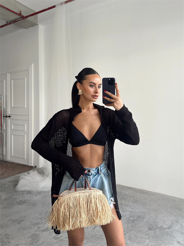 Beyli Ajur Polo Yaka Hırka Siyah - Siyah