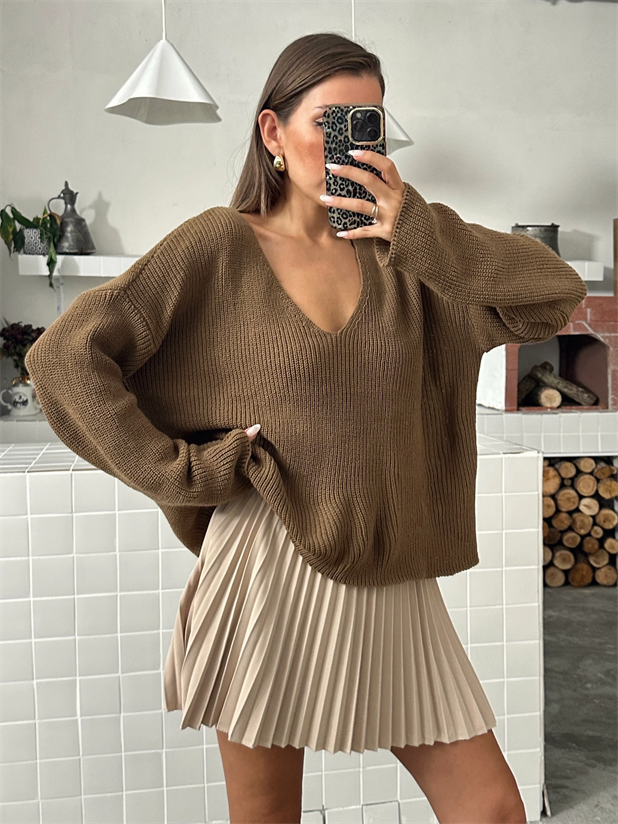 Selanik Örgü V Yaka Triko Kazak - Kahve