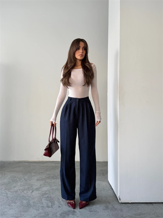 Yünefekt Çizgili Palazzo - Lacivert