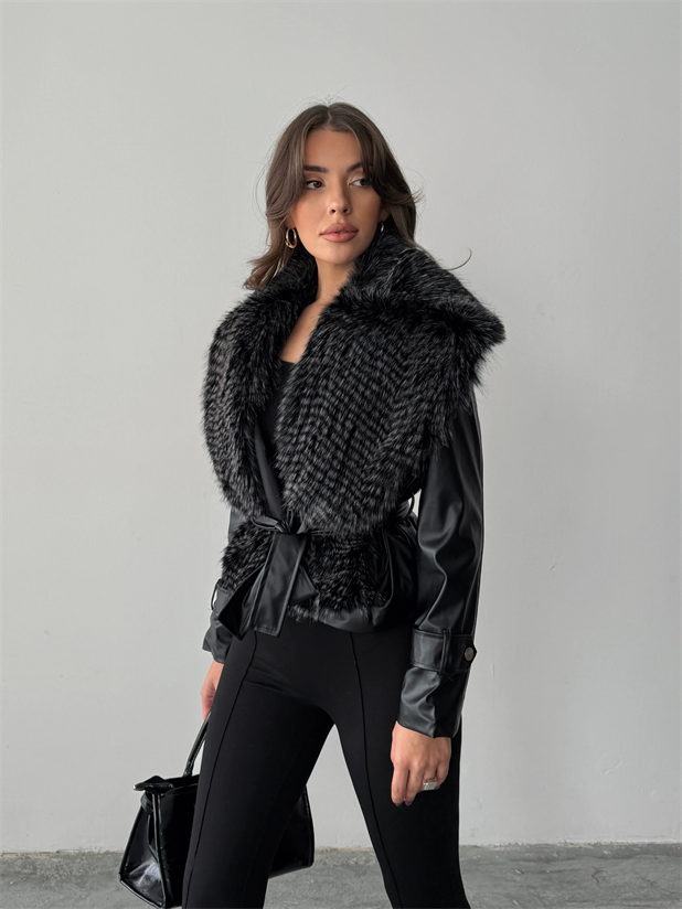 Premium Kürklü Deri Ceket  - Siyah