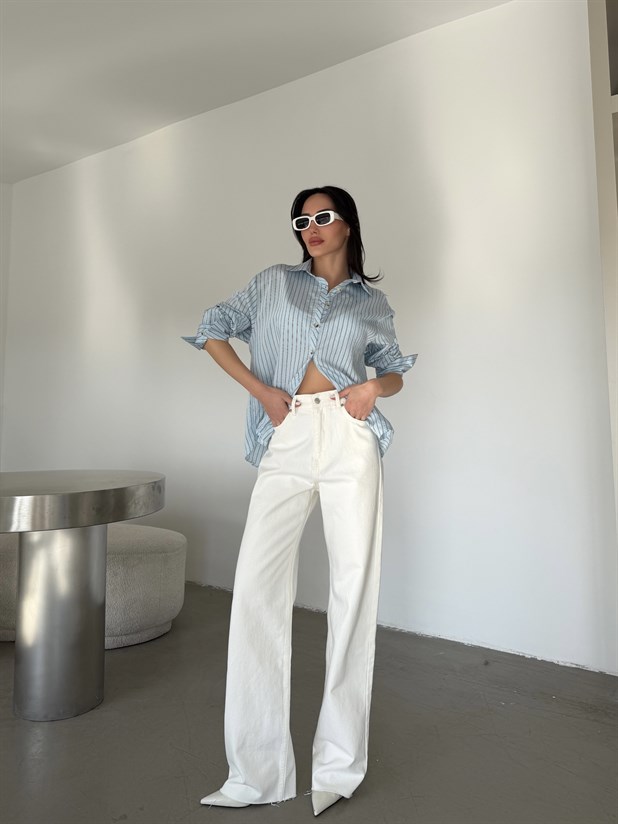 Çizgili Kol Manşet Detaylı Gömlek - Mavi