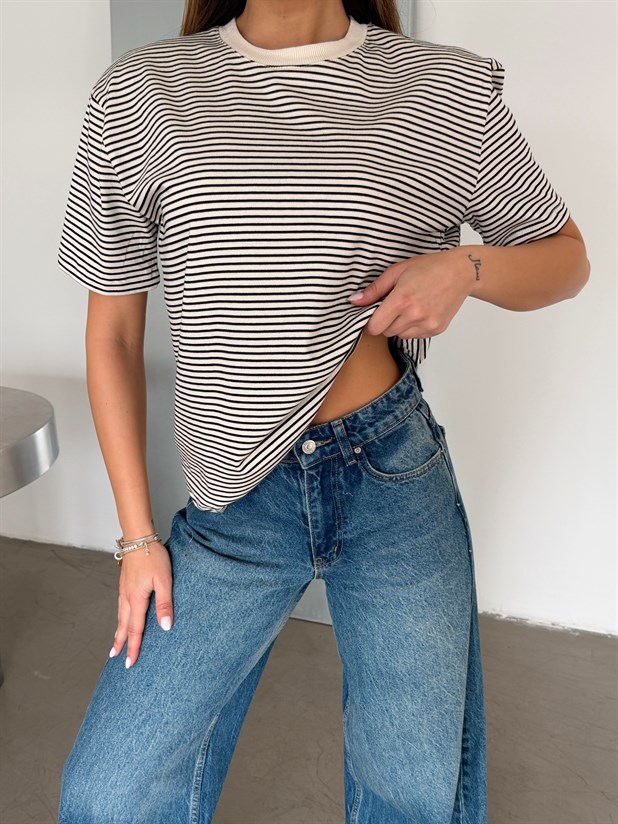 Çizgili Kısa Kol Basic - Beyaz