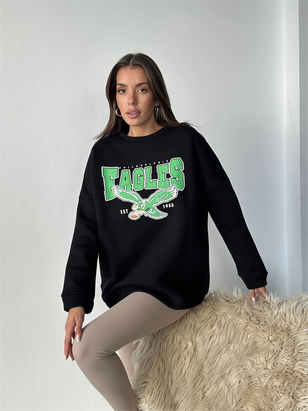 Eagles Üç İplik Oversize Sweat Siyah - Siyah