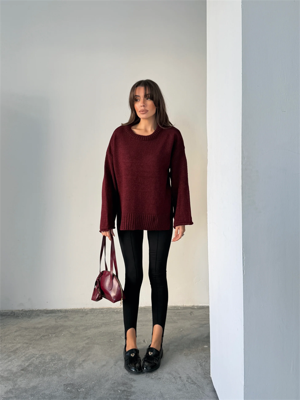 Yırtmaçlı Basic Triko  - Bordo