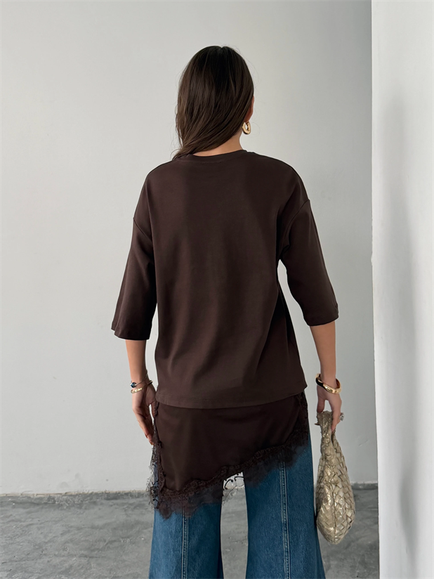 Dantel Detaylı Oversize Basic - Kahve