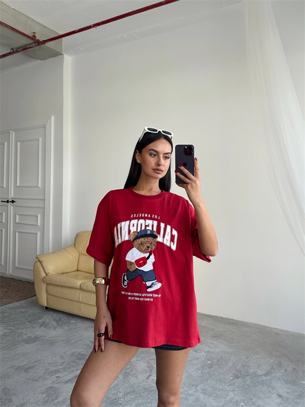 Oversize Bear Nakışlı T-shirt - Kırmızı