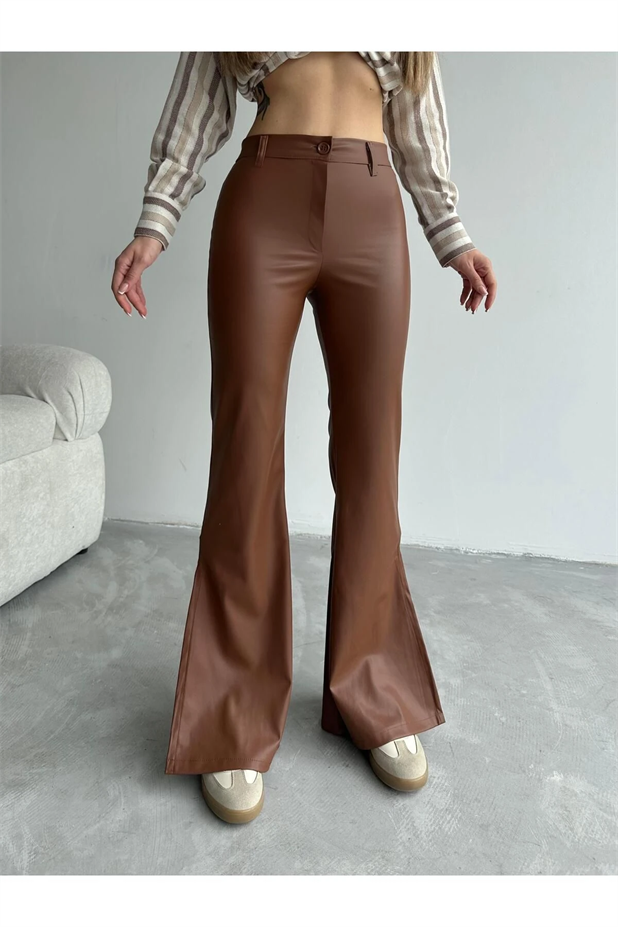 Yan Yırtmaç İspanyol Paça Deri Pantolon Taba - Taba