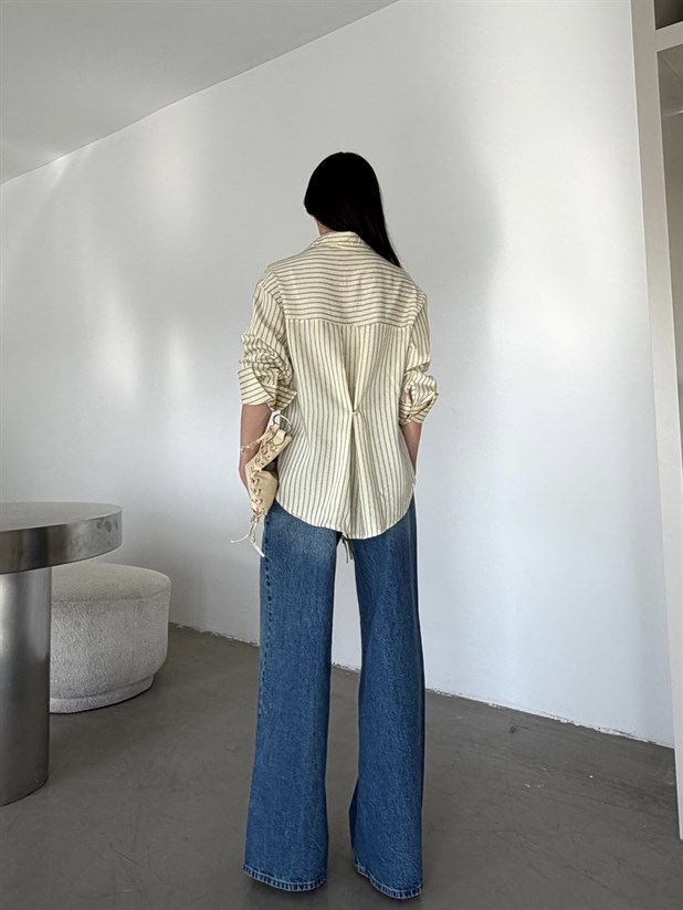 Çizgili Kol Manşet Detaylı Gömlek - Sarı