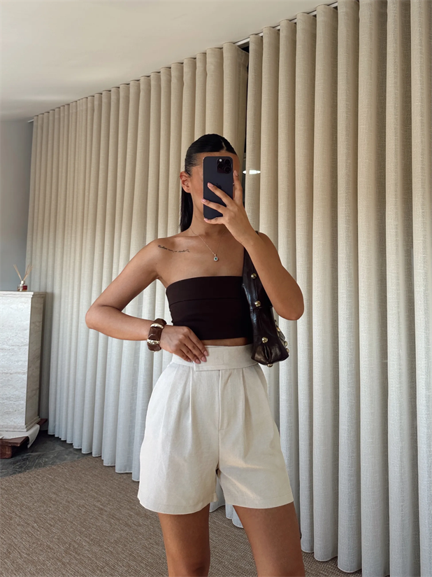 Cırtlı Keten Şort - Bej