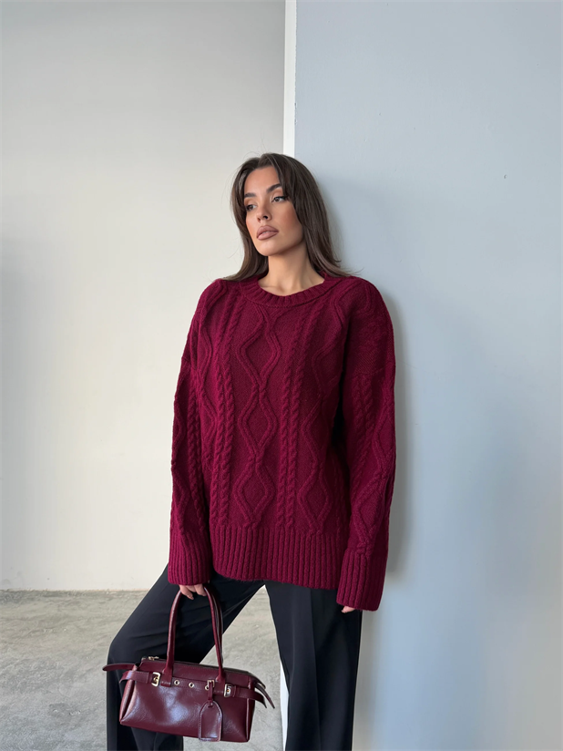 Saç Örgü Desenli Yıkamalı Triko - Bordo