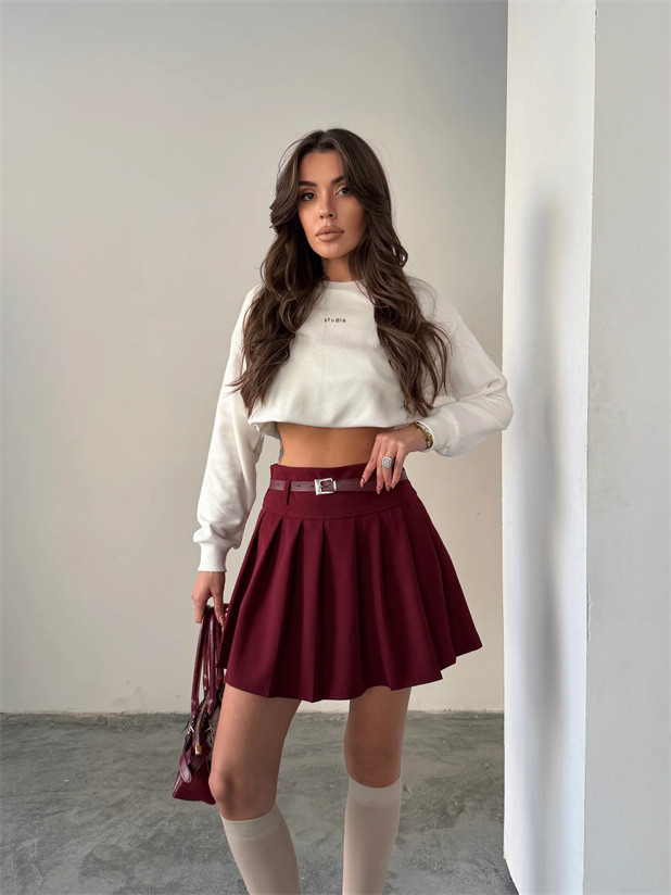 Kemerli Pileli Mini Etek - Bordo