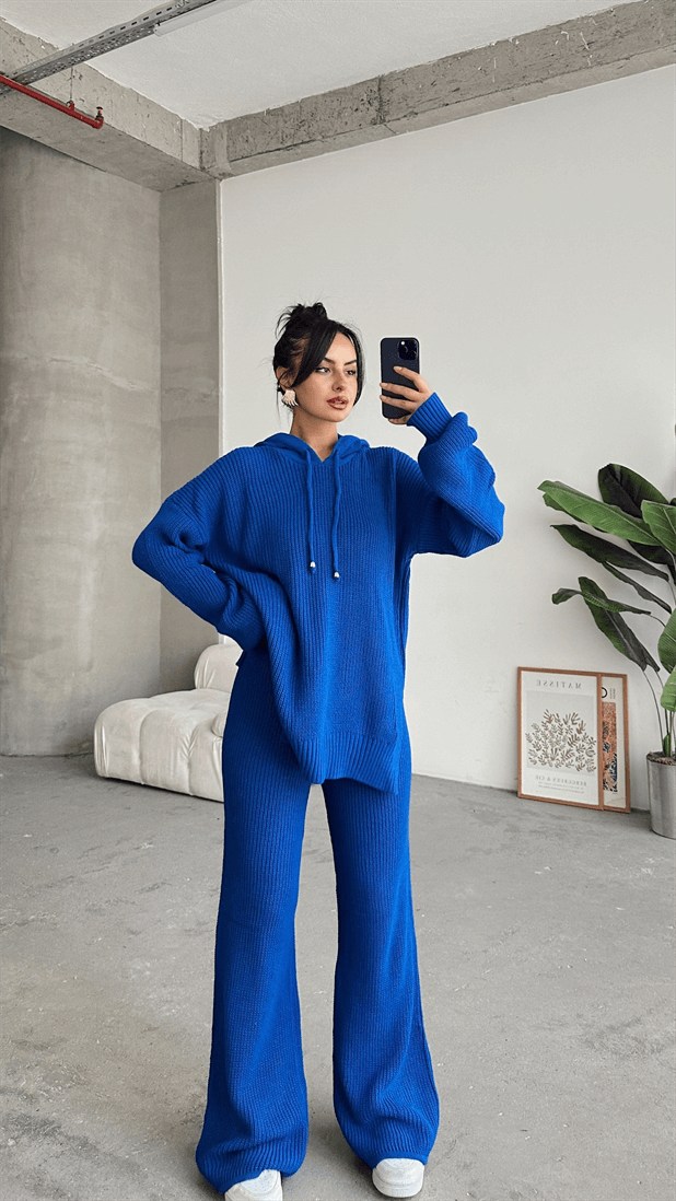 Kapüşonlu Örme Triko Takım Saks Mavi - Saks Mavi
