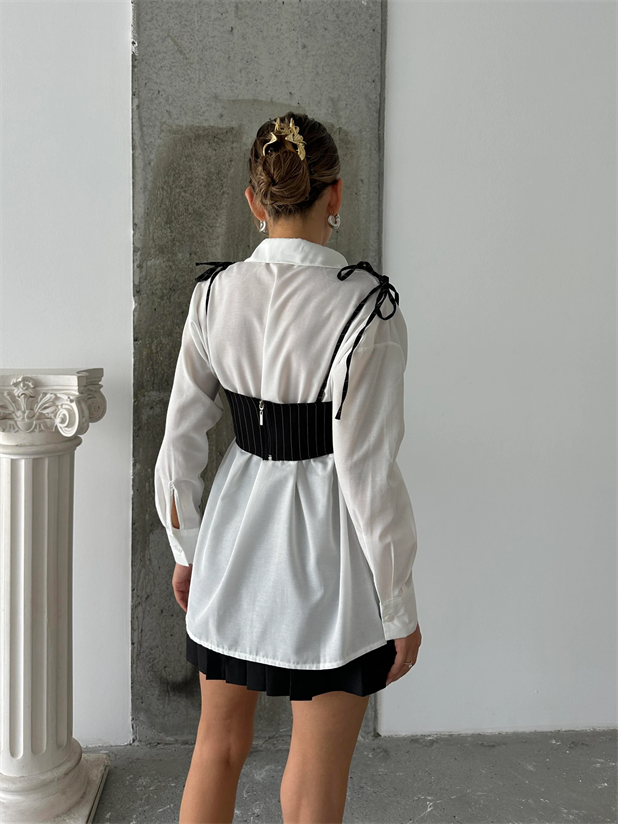 Sally İkili Büstiyer Gömlek Takım Siyah-Beyaz - Beyaz