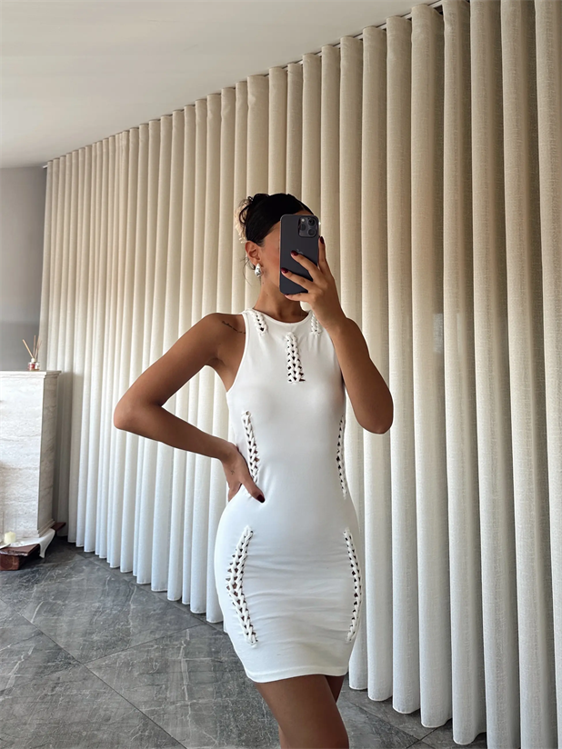 Örgü Detay Mini Elbise  - Ekru