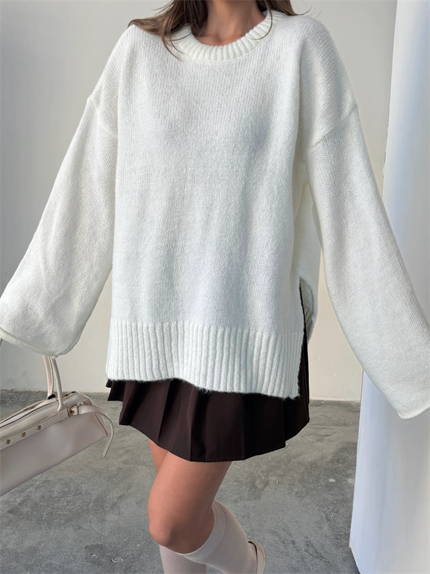 Yırtmaçlı Basic Triko  - Ekru