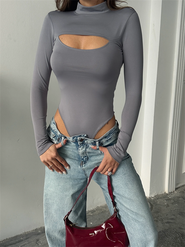 Göğüs Dekolte Bodysuit Gri - Gri