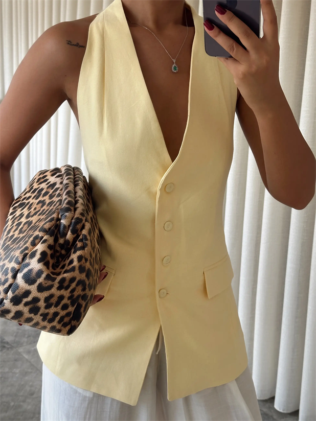 Sırt Dekolte Keten Yelek - Sarı