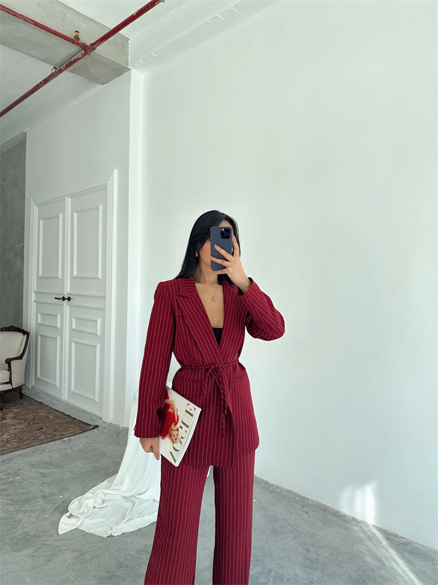 Bel Bağlama Line Blazer Ceket - Bordo
