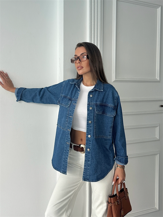 Kapak Cep Denim Gömlek - Mavi