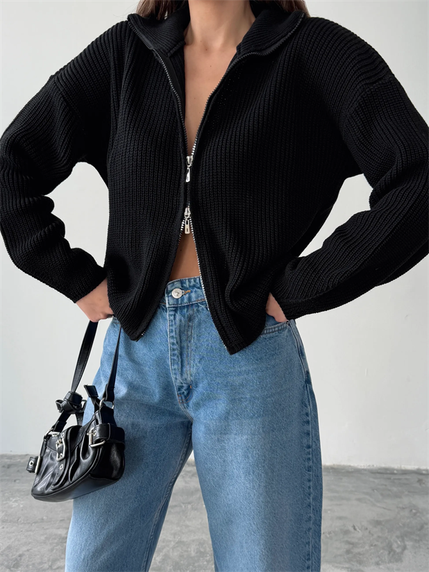 Çift Fermuarlı Triko - Siyah