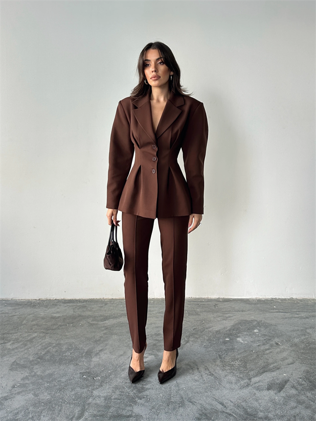 Beli Lastikli Çımalı Pantolon  - Acı kahve