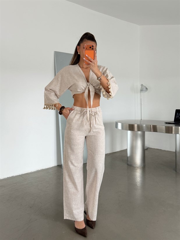 Lastikli Keten Palazzo Pantolon - Krem