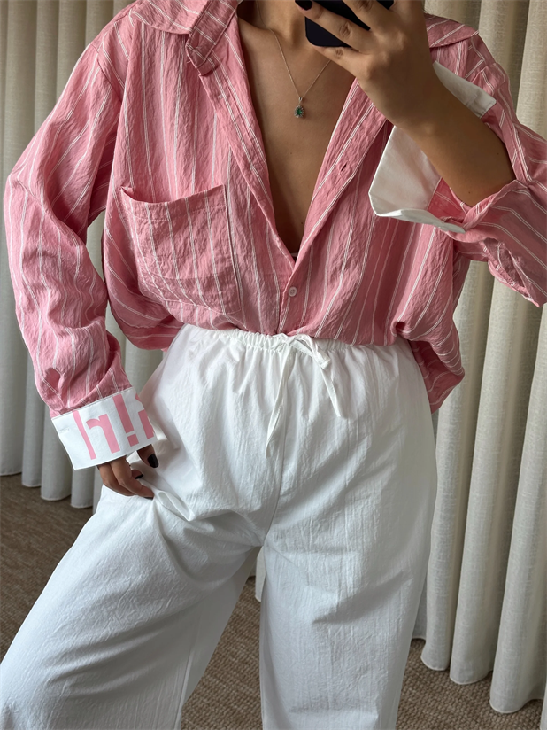 Çizgili Gömlekli Takım - Pudra Pembe