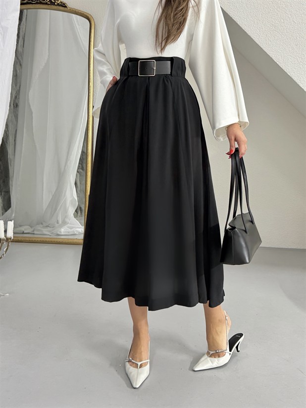 Tensel Kumaş Kemerli Kloş Etek - Siyah