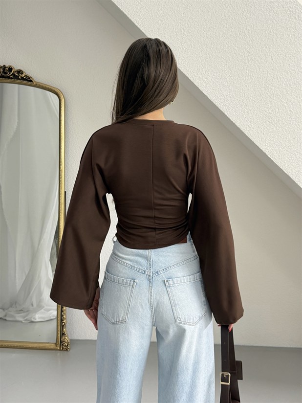 Yarasa Kol Beli Büzgülü Bluz - Kahve
