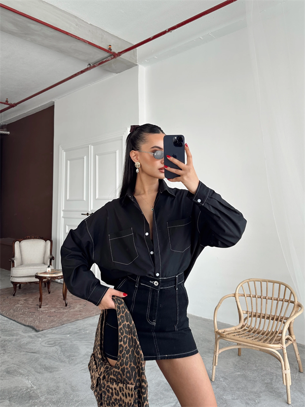 Süs Dikiş Detay Gömlek - Siyah