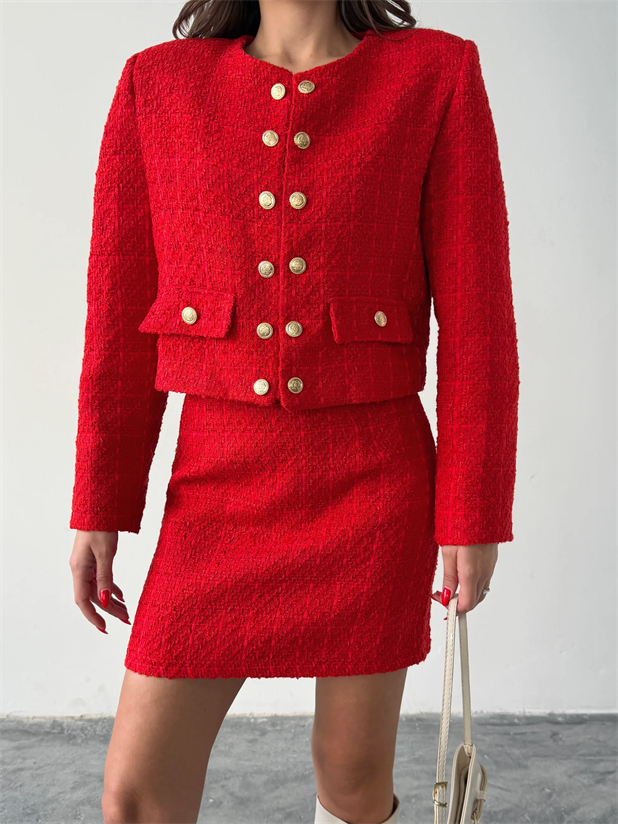 Düğmeli Tüvit Etek Ceket Takım - Kırmızı
