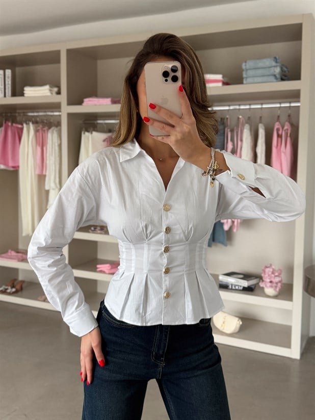 Gold Düğmeli Pensli Gömlek - Beyaz