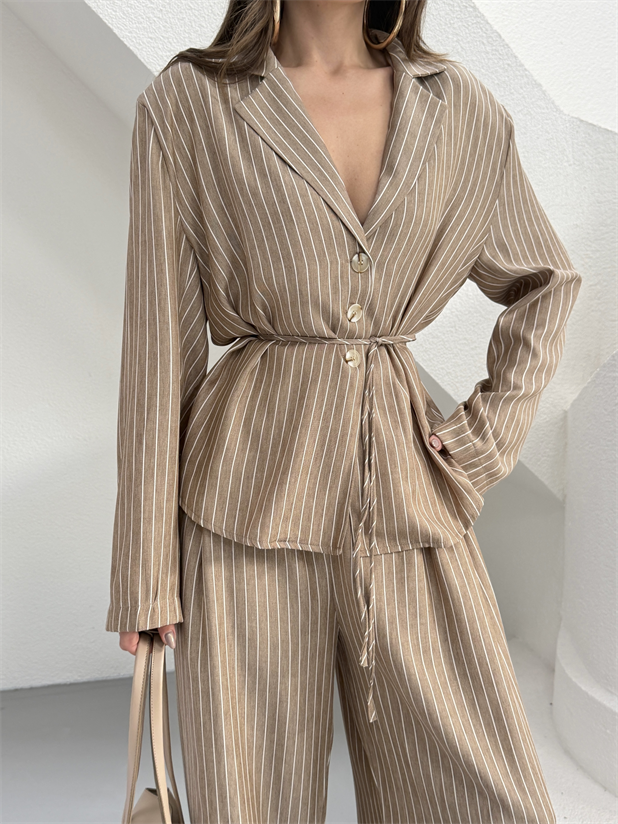 Astarsız Çizgili Ceket Pantolon Takım - Vizon