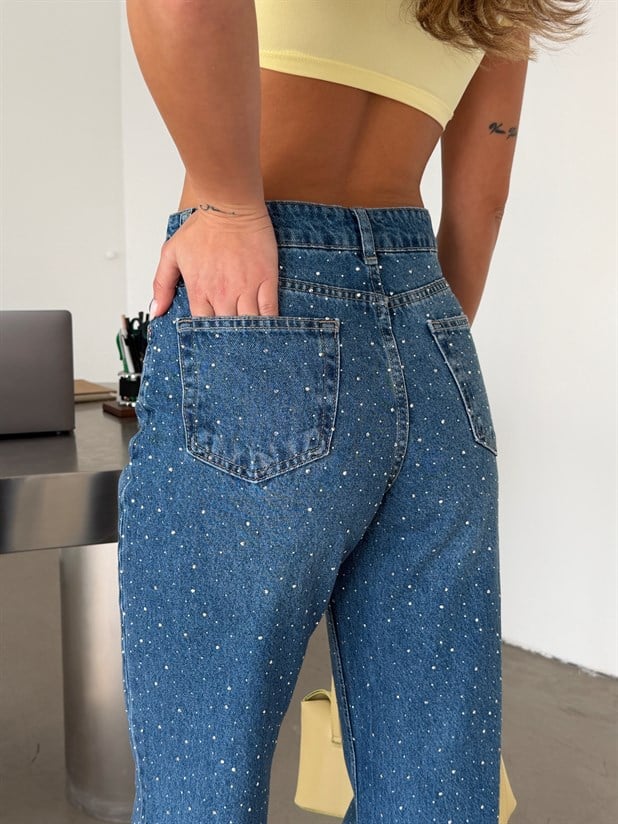 Premium Parlak Taş Detaylı Jean  - Mavi