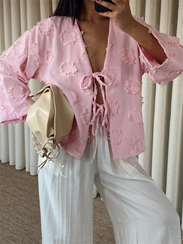 Püskül Detaylı Bağlamalı Kimono - Pembe