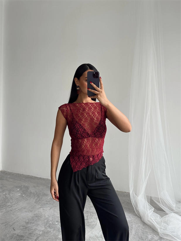 Asimetrik Dantel Bluz - Bordo