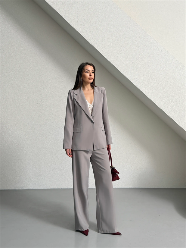 Tek Düğme Ceket-Pantolon Takım  - Gri
