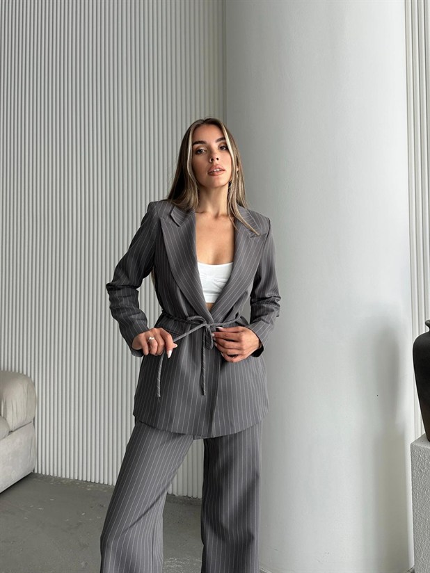 Bel Bağlama Line Blazer Ceket - Füme