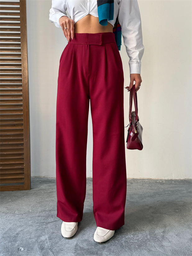 Bel Cırtlı Palazzo Pantolon  - Bordo