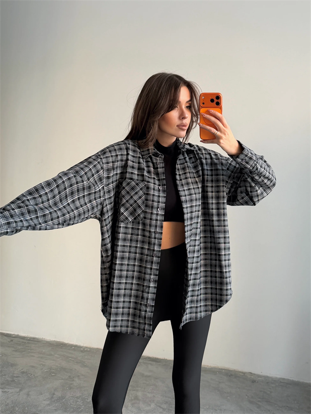Kareli Oversize Gömlek - Siyah
