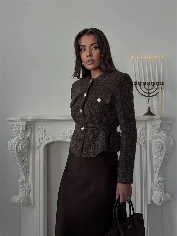 Kemer Detaylı Düğmeli Ceket - Kahve