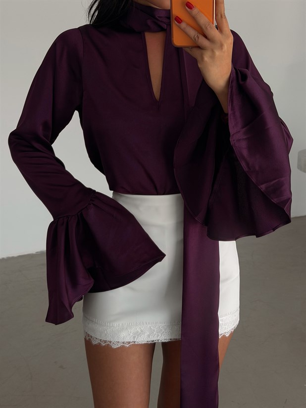 Fular Detay İspanyol Kol Saten Bluz - Mürdüm