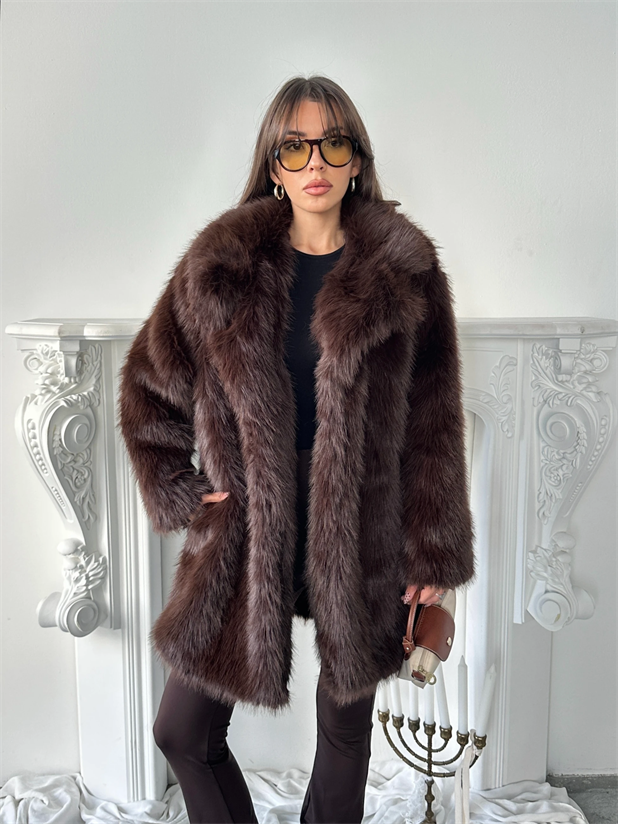 Premium Yakalı Uzun Kürk - Acı kahve