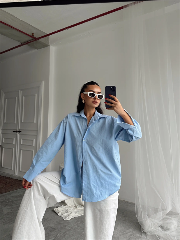 Düşük Omuz Oversize Gömlek - Bebe Mavi