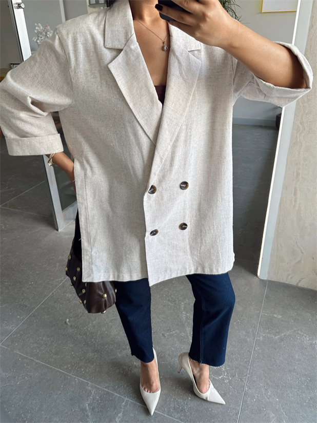 Salaş Yırtmaçlı Keten Ceket  - Krem