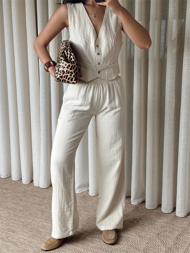 Bel Lastik Müslin Pantolon - Krem