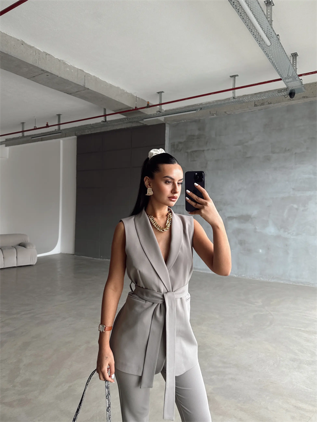 Bağlamalı Blazer Yelek  - Gri