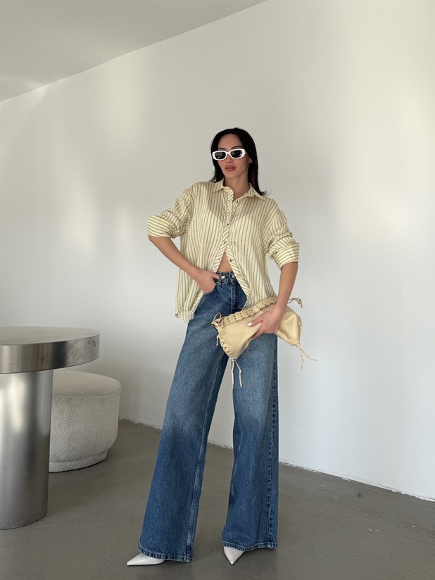 Çizgili Kol Manşet Detaylı Gömlek - Sarı