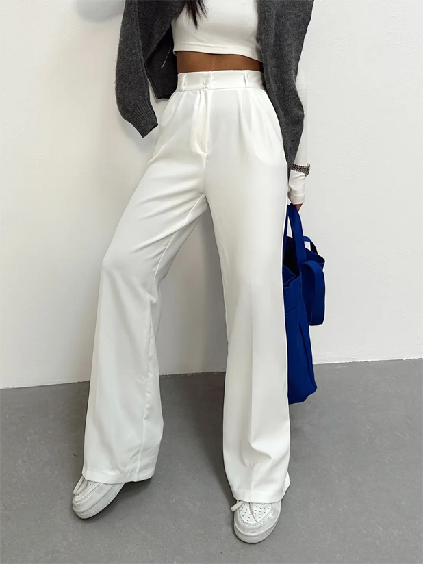 Bel Lastik Palazzo Pantolon - Beyaz