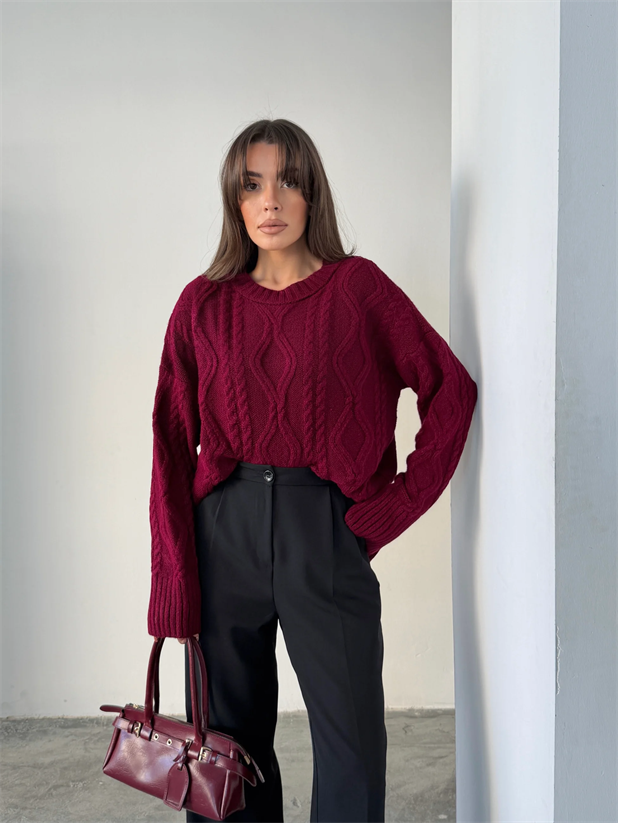 Saç Örgü Desenli Yıkamalı Triko - Bordo